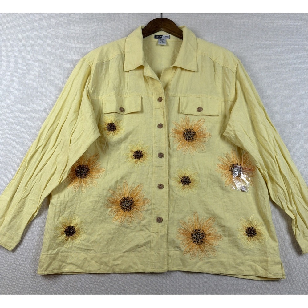Kelly Scott Button Up Linen Blend Shirt Shacket Size 1X Yellow NWOT Embroidered